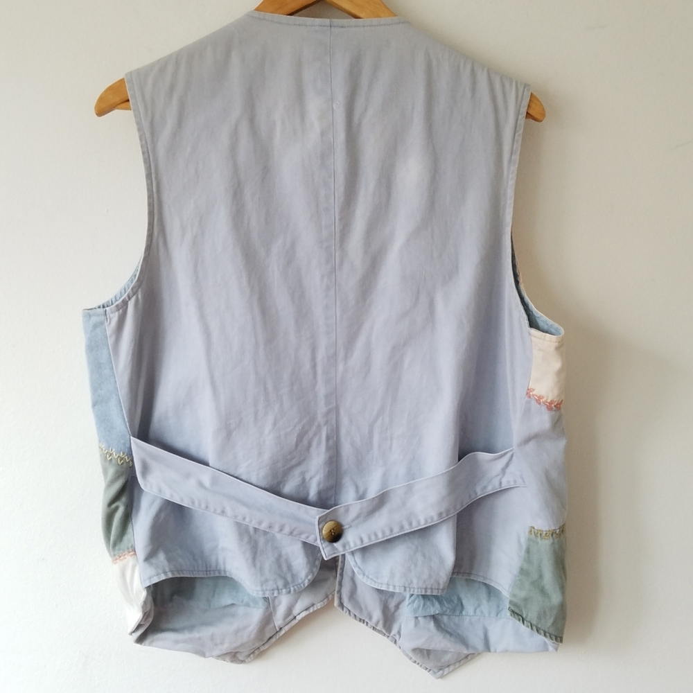 Vintage Cambridge Denim Embroidered Cat Patch Work Studded  Vest Jacket Large - Picture 2 of 14